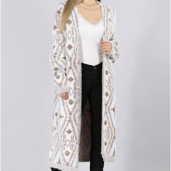 81. COST 🛑 OVERSIZED multicolor Cream Maxi Duster Sweater Cardigan Aztec boho - Picture 5 of 6